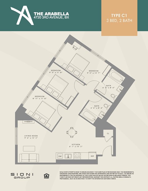 Floor plan for 3 beds, 2 baths, 962 sqft